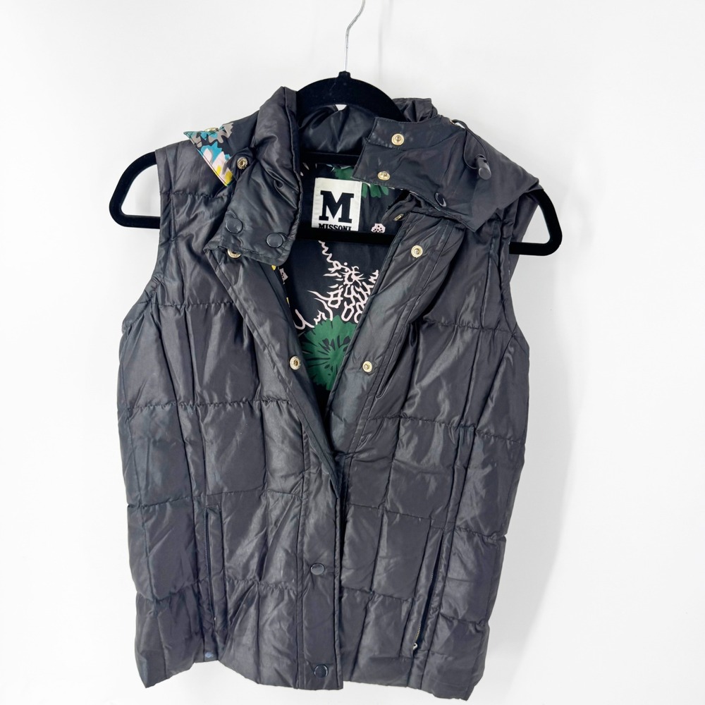 M Missoni Black Quilted Puffer Vest Floral Lining Hooded Size 2 USA 38 IT
